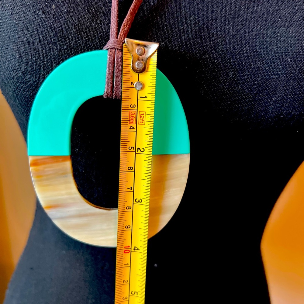 Turquoise & Buffalo Horn Statement Pendant Necklace | Adjustable Leather Cord - Picture 7 of 10